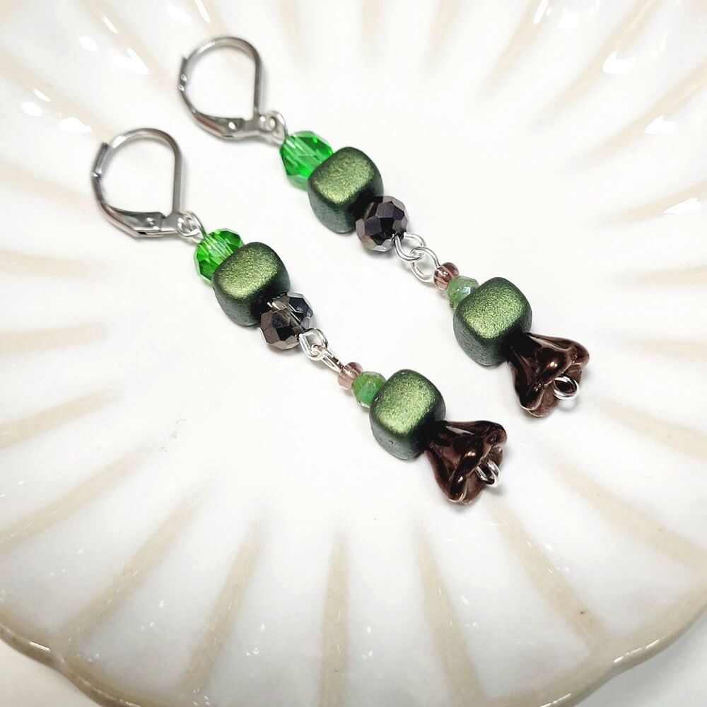 Green Glass Leverback earrings handmade Secret Lore earrings  Earthy Boho   689■